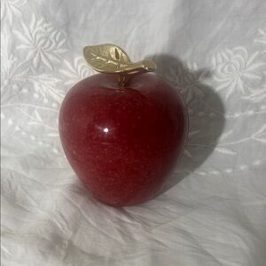 Beautiful Red Apple Paperweight with Brass Stem and Leaf Unbranded